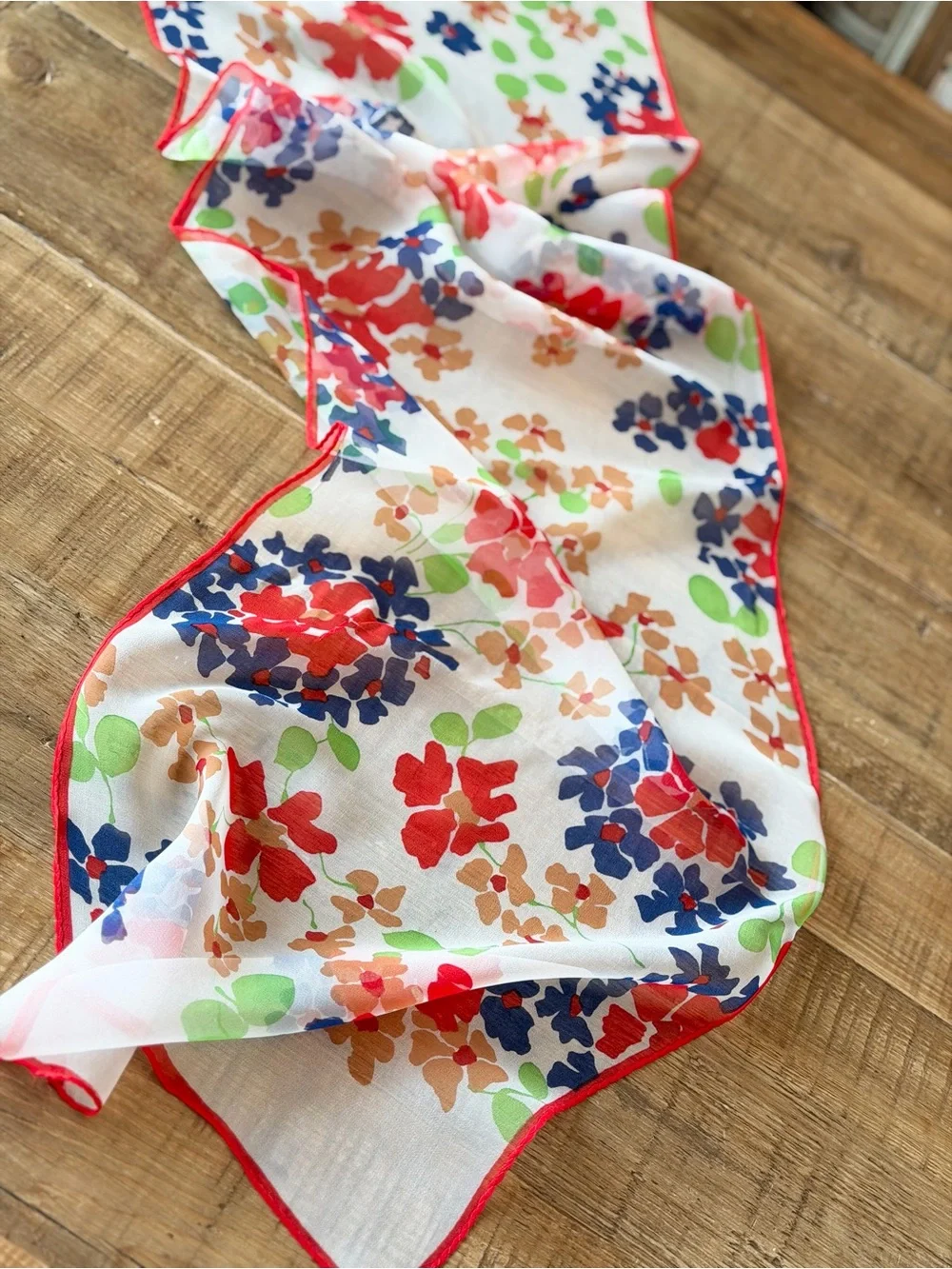 Vintage Floral Chiffon Scarf – Colorful Retro Bouquet -Red Border 13x42 |